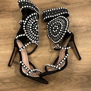 Black white silver jeweled heels